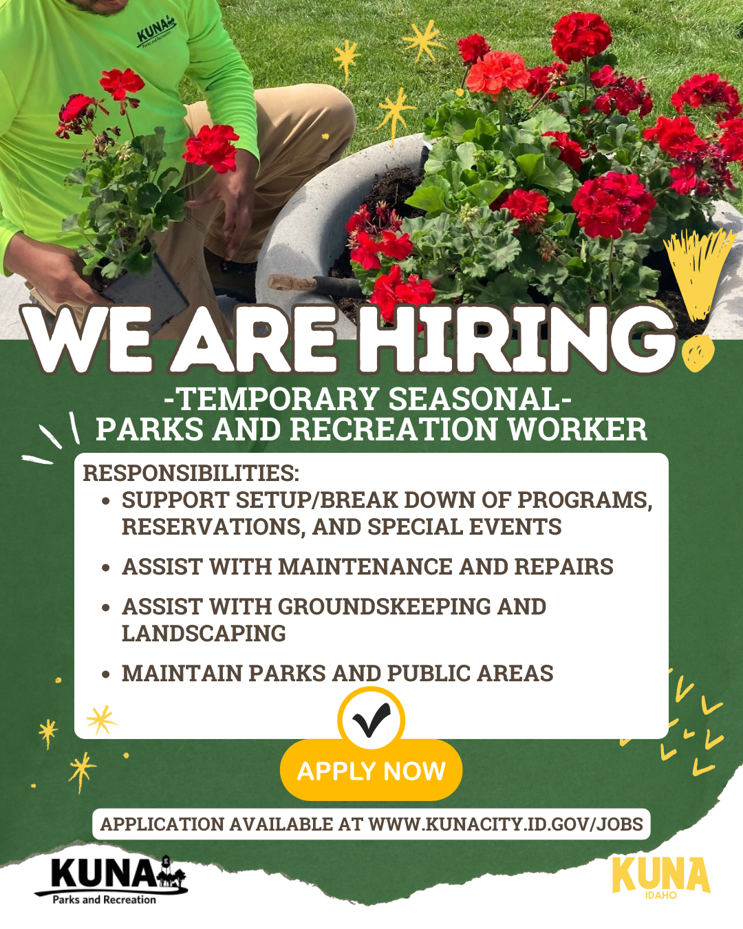 Hiring flyer for a temporary seasonal parks and recreation worker. 