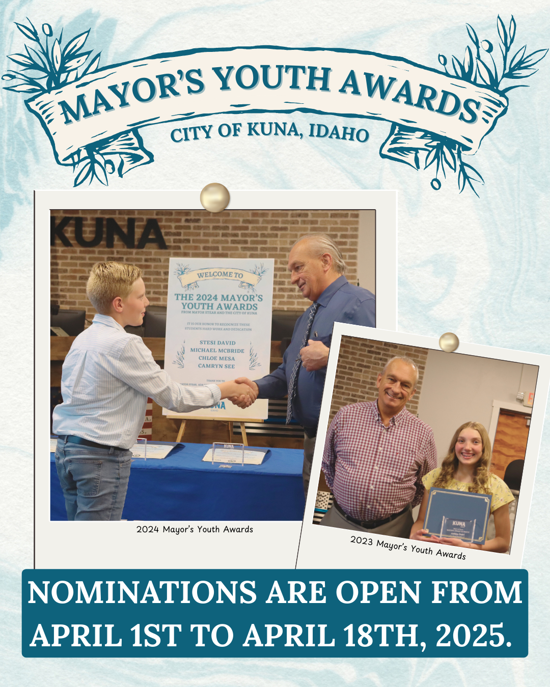 Blue swirl background, two pictures of Mayor Stear handing Mayors Youth Awards pinned. . 