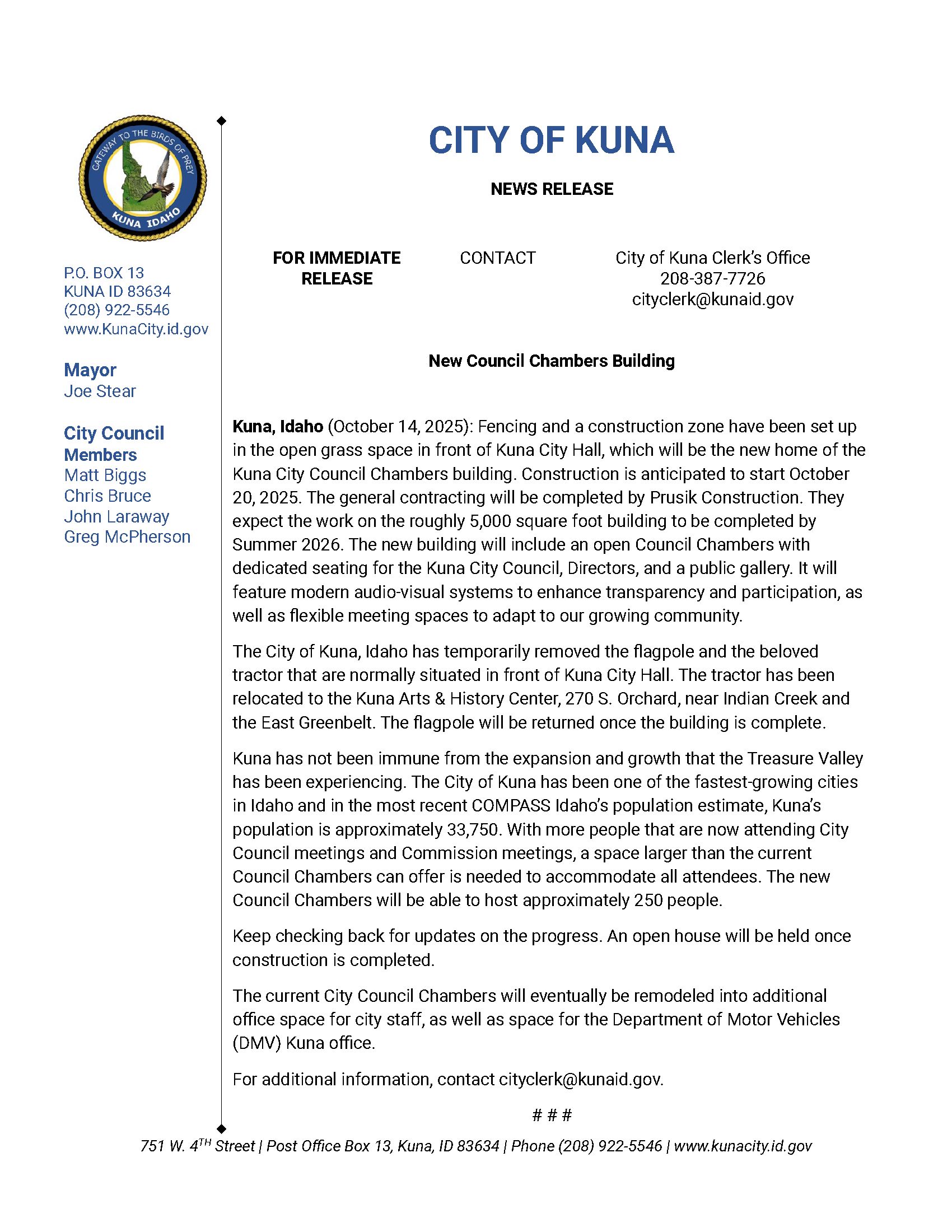 City of Kuna News Release_New Council Chambers Building