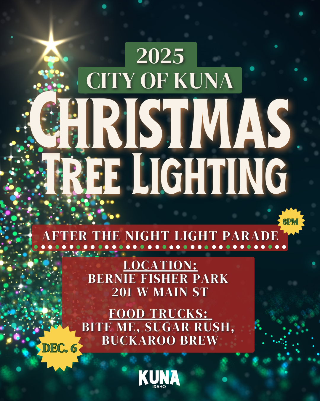 Christmas Tree Lighting Flyer with sparkling tree in the background. 