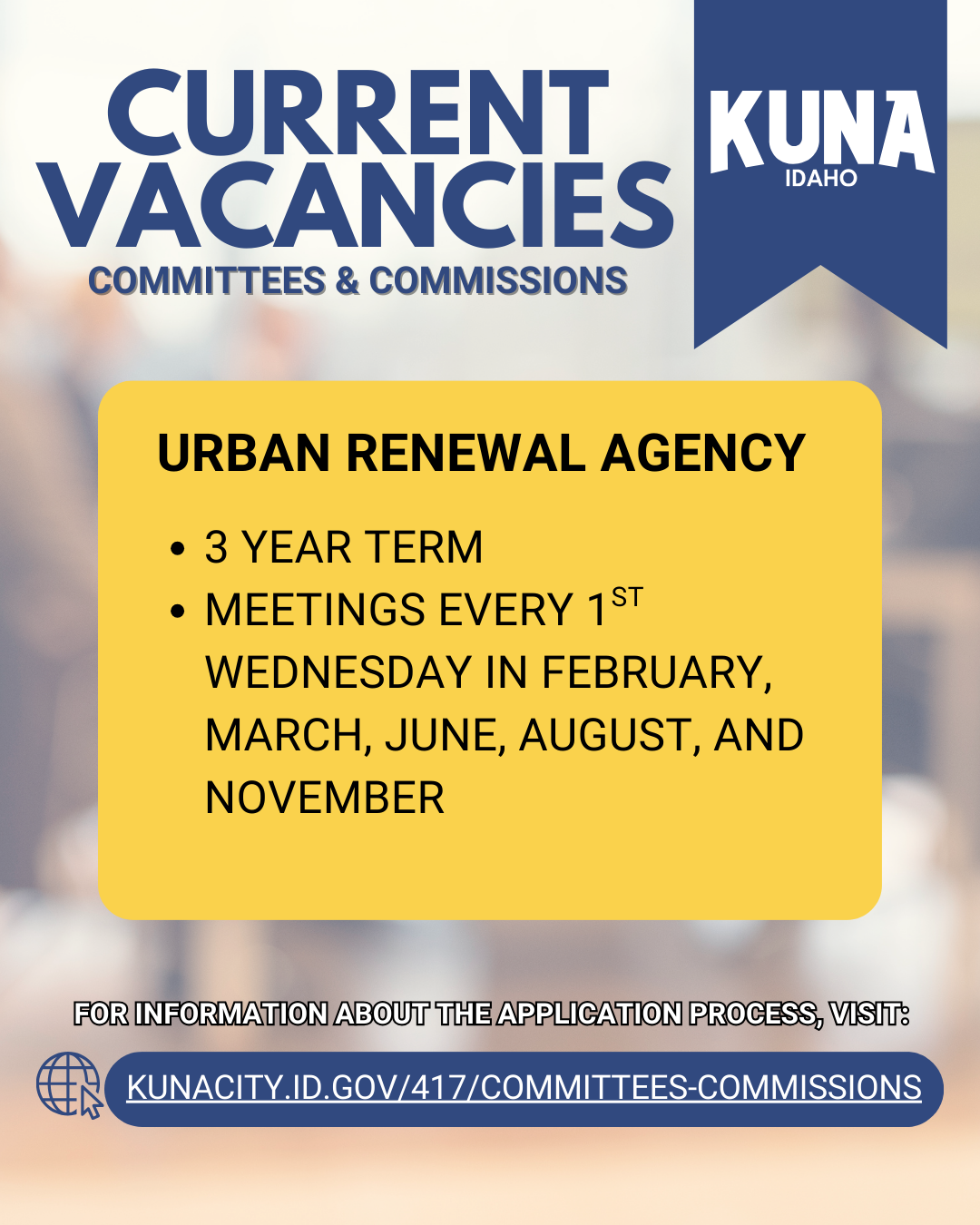 Image promoting Kuna, Idaho committee vacancies, specifically the Urban Renewal Agency. It mentions 