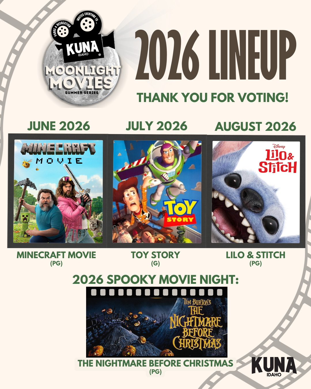 2026 Kuna Moonlight Movie Lineup Voting Results showcasing the movie posters and film strip
